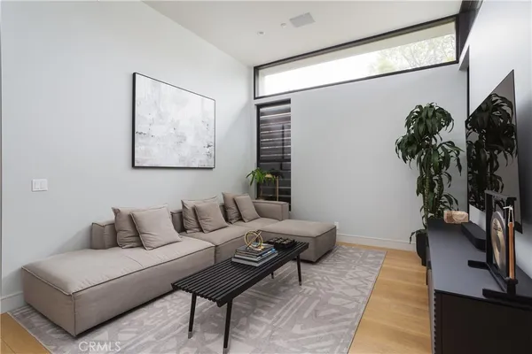 a living room with furniture and a potted plant