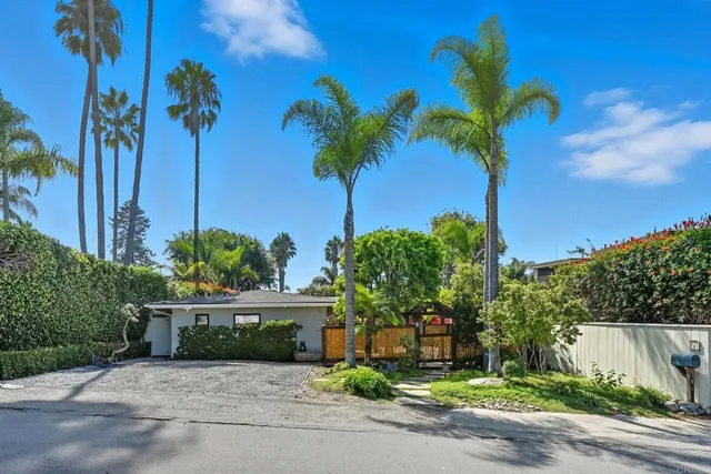 a view of a house with a yard and potted plants