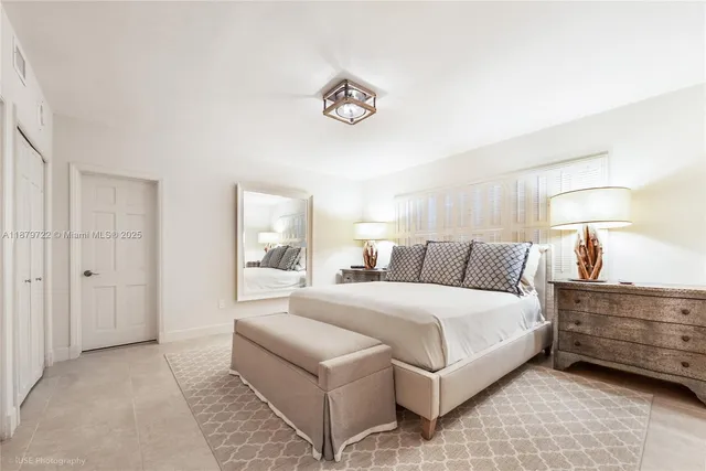 a bedroom with a bed and a table