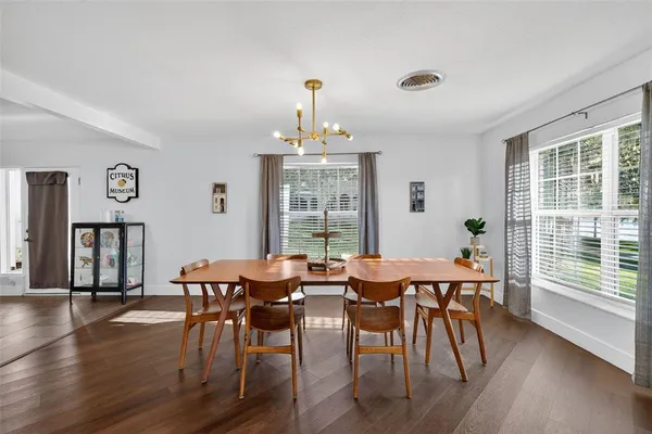 a view of a dining room with furniture window and wooden floor