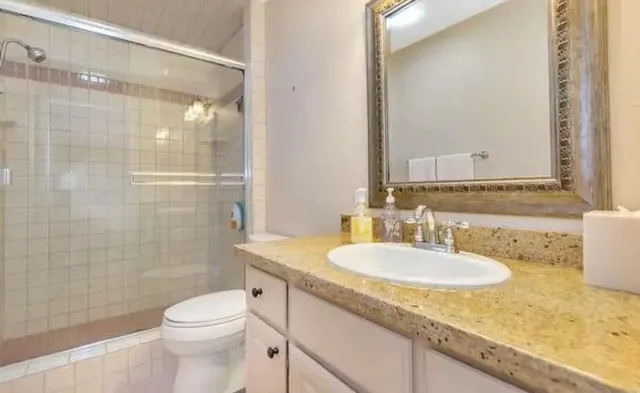 a bathroom with a granite countertop sink a toilet a mirror and shower