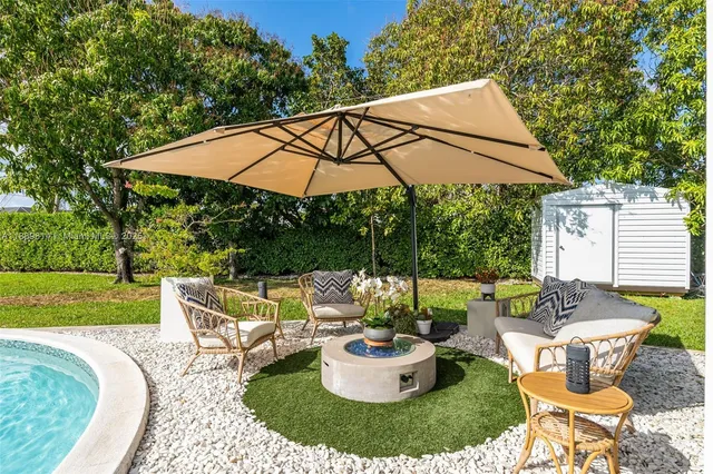 a view of a backyard with garden and patio