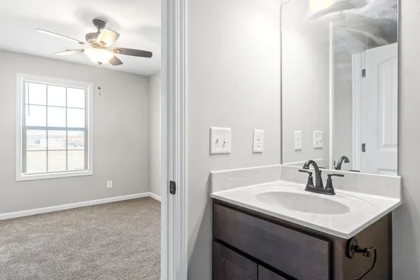 a bathroom with a sink and a mirror