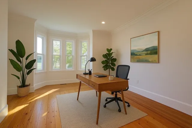 a view of a livingroom with furniture window and wooden floor