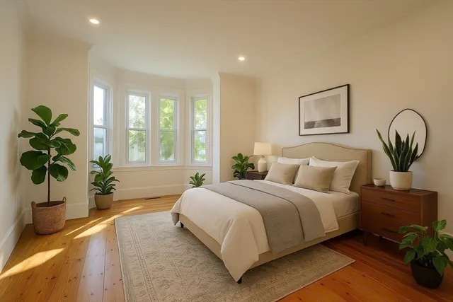 a bedroom with a large bed and a potted plant