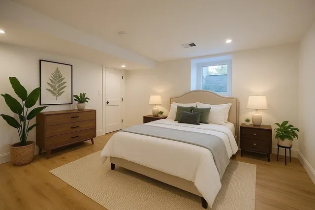 a spacious bedroom with a bed and a potted plant