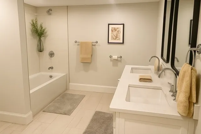 a bathroom with a tub sink and a mirror