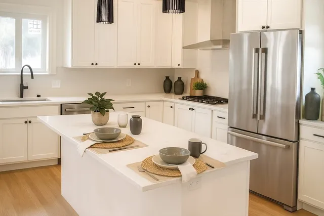 a kitchen with a refrigerator and a sink