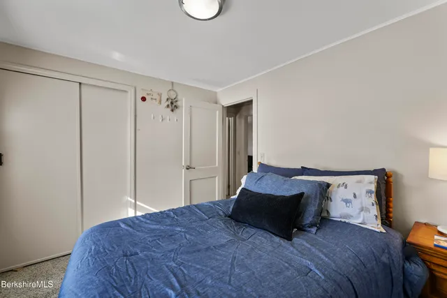 a bedroom with a bed and cabinets