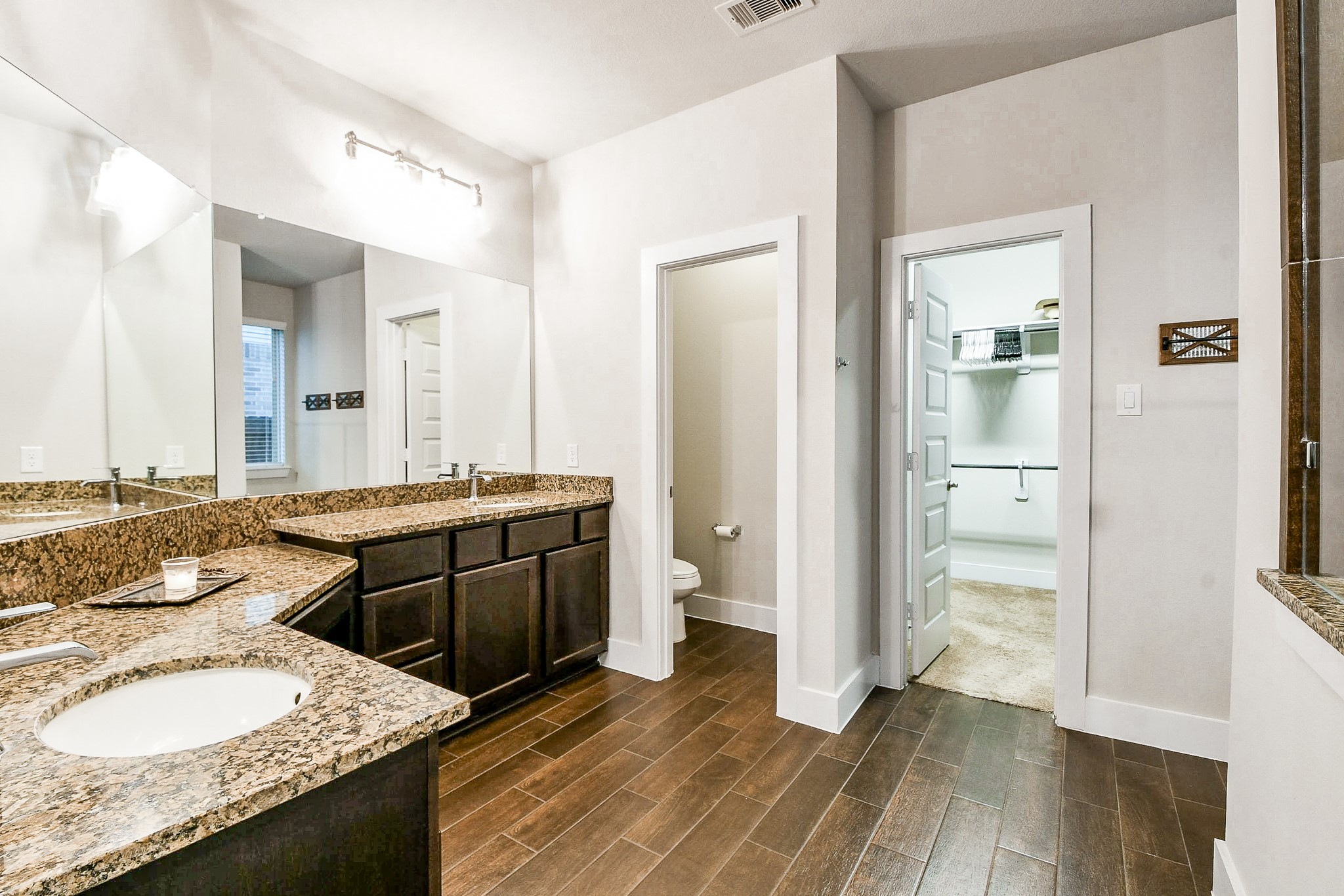 236 Bright Bluff Circle Waller, TX 77484 - Photo 20 of 32 a bathroom with a granite countertop sink and a mirror