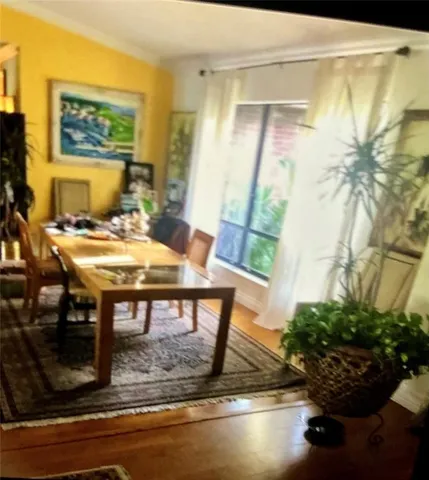 a view of a dining room with furniture and a potted plant