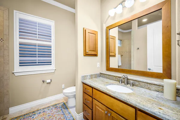 a bathroom with a granite countertop sink and a mirror