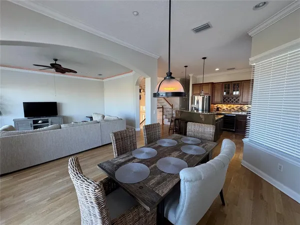 a view of a dining room with furniture