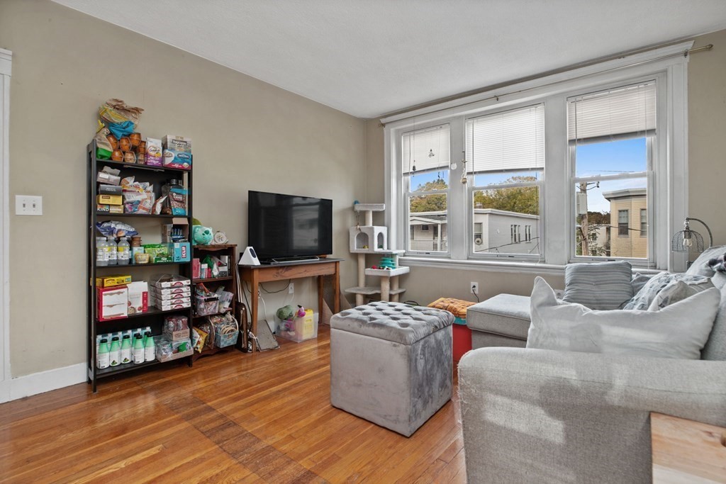 32 Ransom Road, Unit 10 Boston, MA 02135 - Photo 2 of 12 a living room with furniture a flat screen tv and a floor to ceiling window