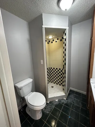 a bathroom with a toilet and a shower