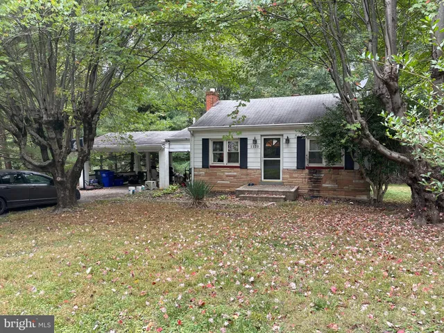 a view of a house with a yard and large tree