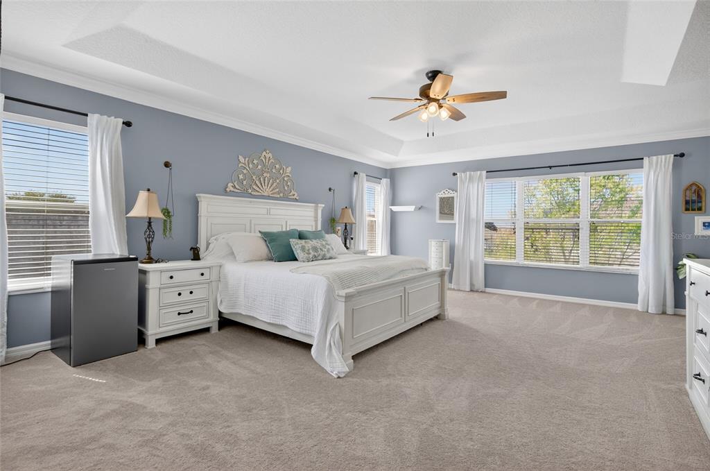 650 Setting Sun Drive Winter Garden, FL 34787 - Photo 24 of 60 a spacious bedroom with a large bed and a chandelier fan