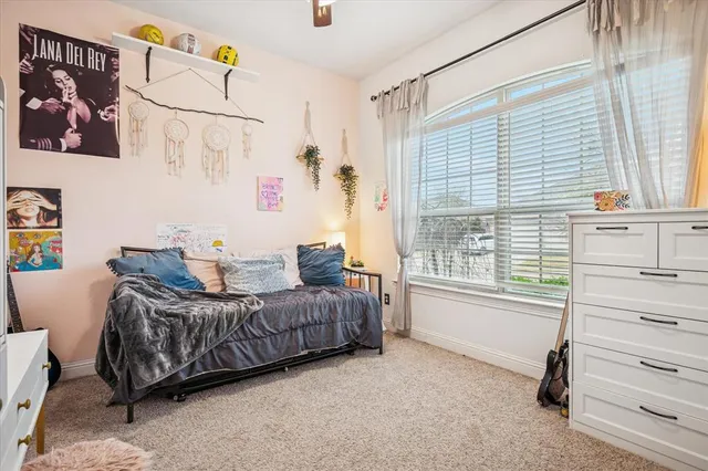 a living room with a bed furniture and a window