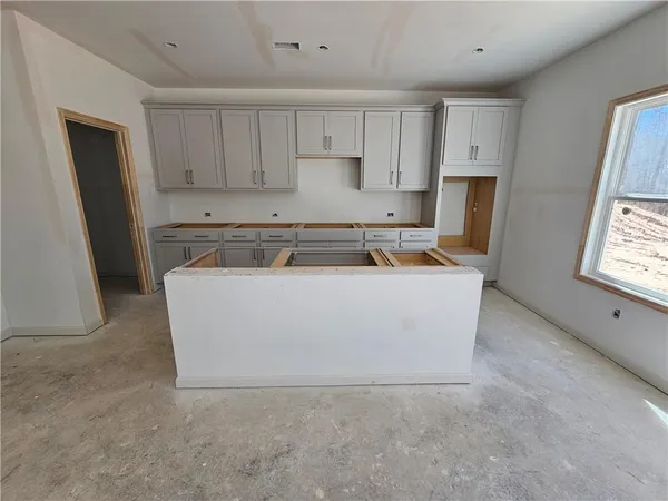 a view of kitchen with cabinets and outdoor space