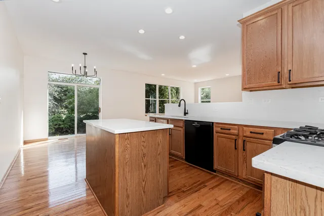 a kitchen with stainless steel appliances granite countertop a sink a stove a refrigerator and cabinets with wooden floor