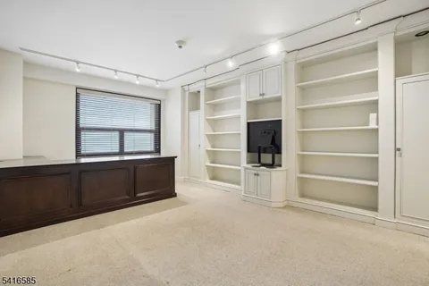 a living room with closet and windows