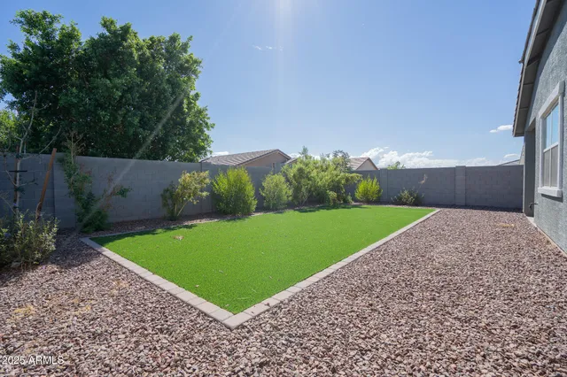 a view of a backyard with potted plants and large tree