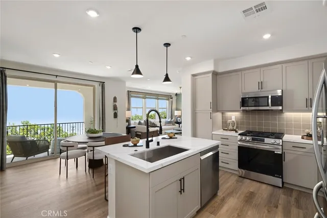 a view of a dining room with furniture