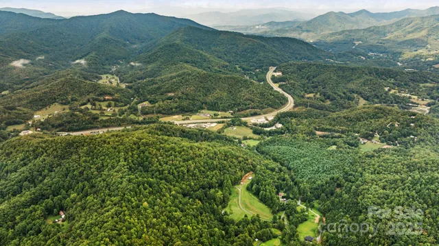 a view of a house with a lush green forest
