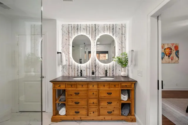 a view of fireplace with wooden door
