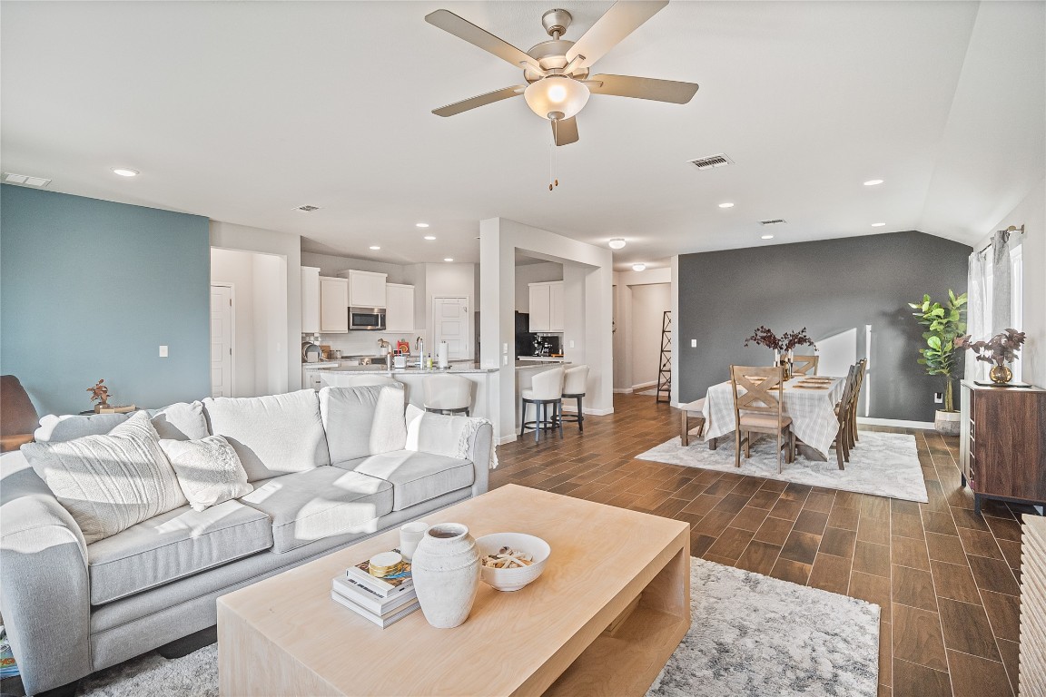 9905 Comely Bend Manor, TX 78653 - Photo 11 of 22 Living room with wood finish floors, recessed lighting, and ceiling fan