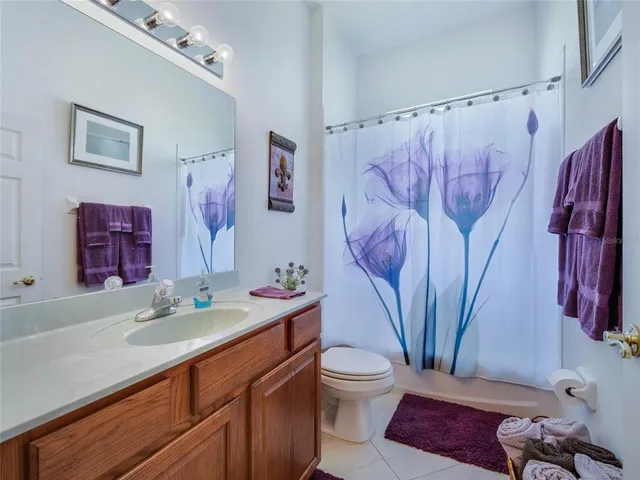 a bathroom with a sink a toilet and shower curtain
