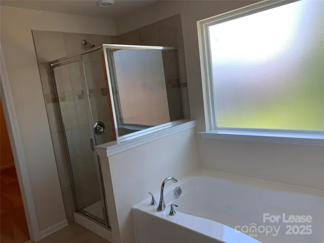 a bathroom with a bathtub and a shower