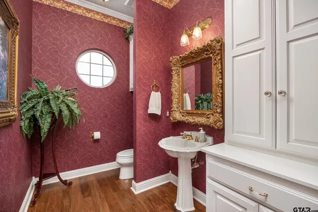 a bathroom with a sink mirror and a toilet