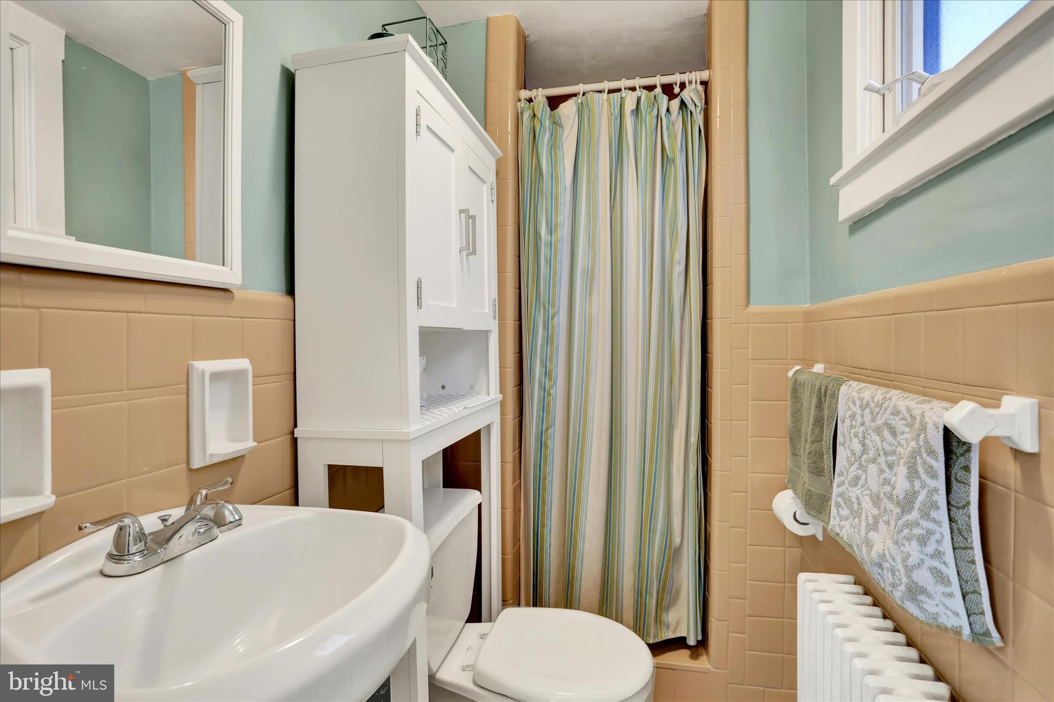 117 Center Street Reading, PA 19606 - Photo 13 of 28 a bathroom with a sink a toilet a mirror and shower curtain