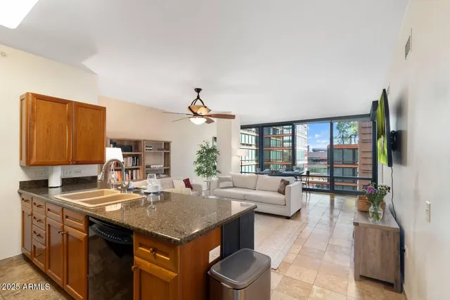 a kitchen with a stove a sink and a living room view