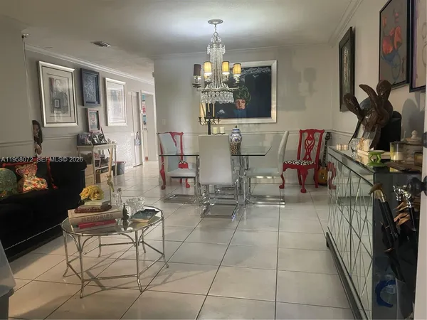 a view of a dining room with furniture