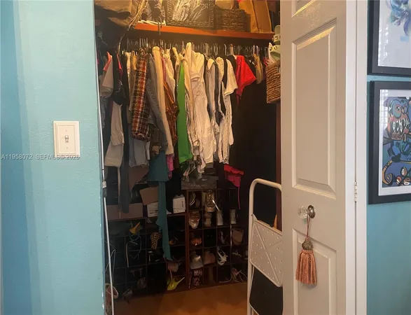 a view of walk in closet with clothes and shoes