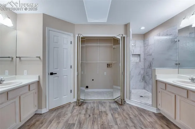 a bathroom with a shower and a sink