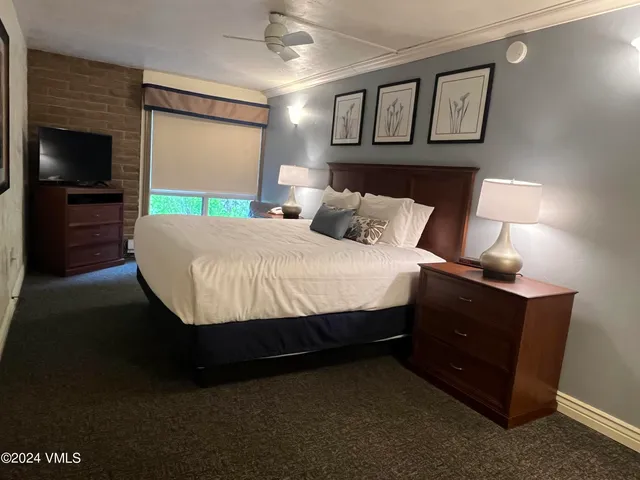 a bed room with a bed and a television