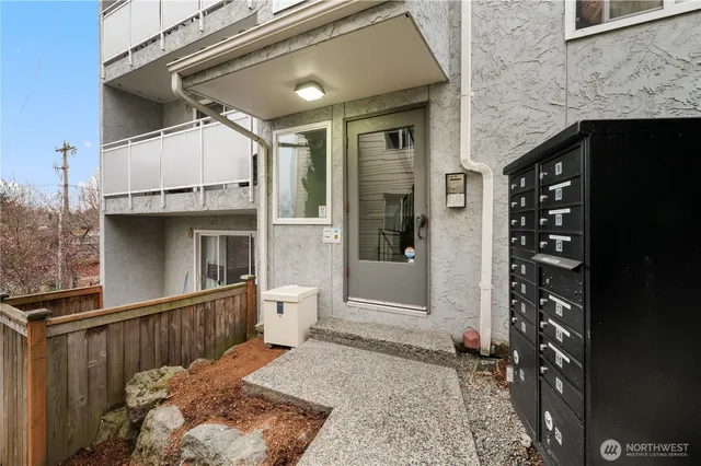 a view of a porch with a door