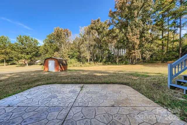 a view of a yard with plants and a trees
