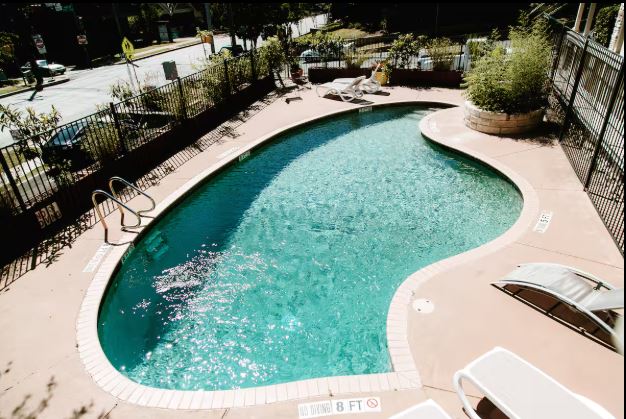 1510 West 6th Street, Unit 110 Austin, TX 78703 - Photo 18 of 18 a view of a swimming pool with a yard and large trees