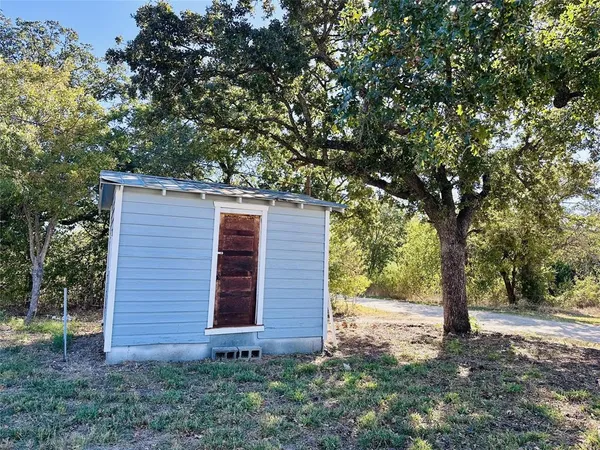 a view of a backyard with large tree