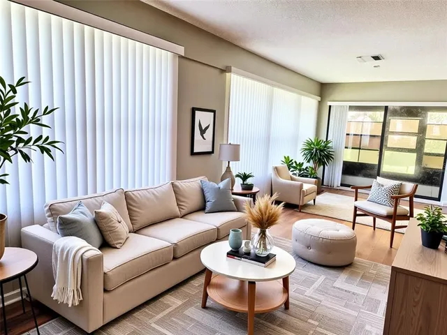 a living room with furniture potted plant and a large window