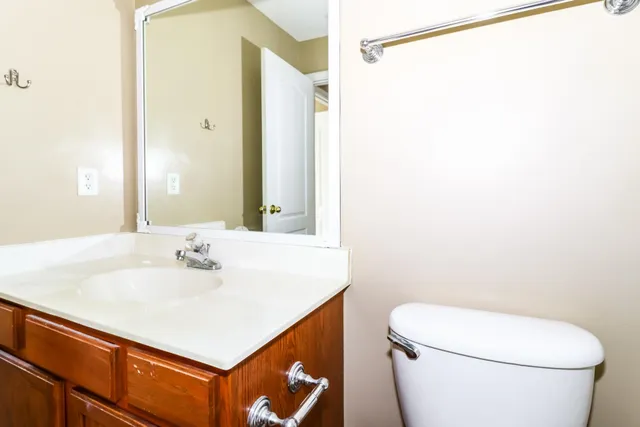 a bathroom with a sink a toilet and a mirror