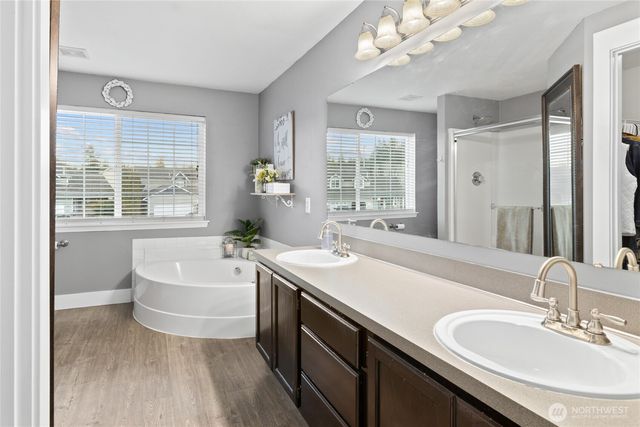 a bathroom with a tub a sink and mirror