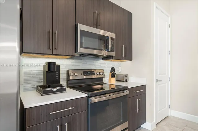 a kitchen with a stove and a microwave