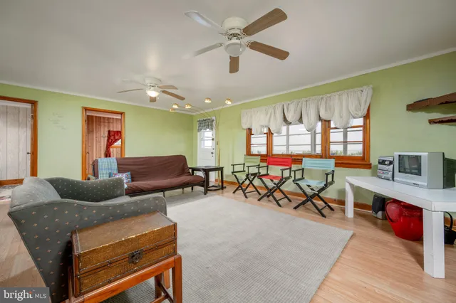 a living room with furniture a ceiling fan and a rug