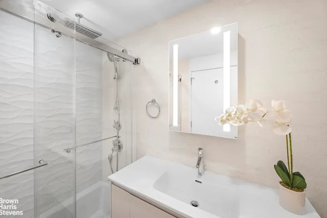 a bathroom with a sink a mirror and a shower