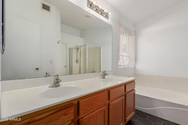 a bathroom with a sink double vanity granite tub shower and a mirror